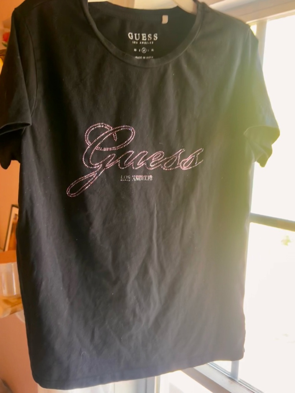 Y2K Guess Black Tee with Pink Rhinestone Script Logo